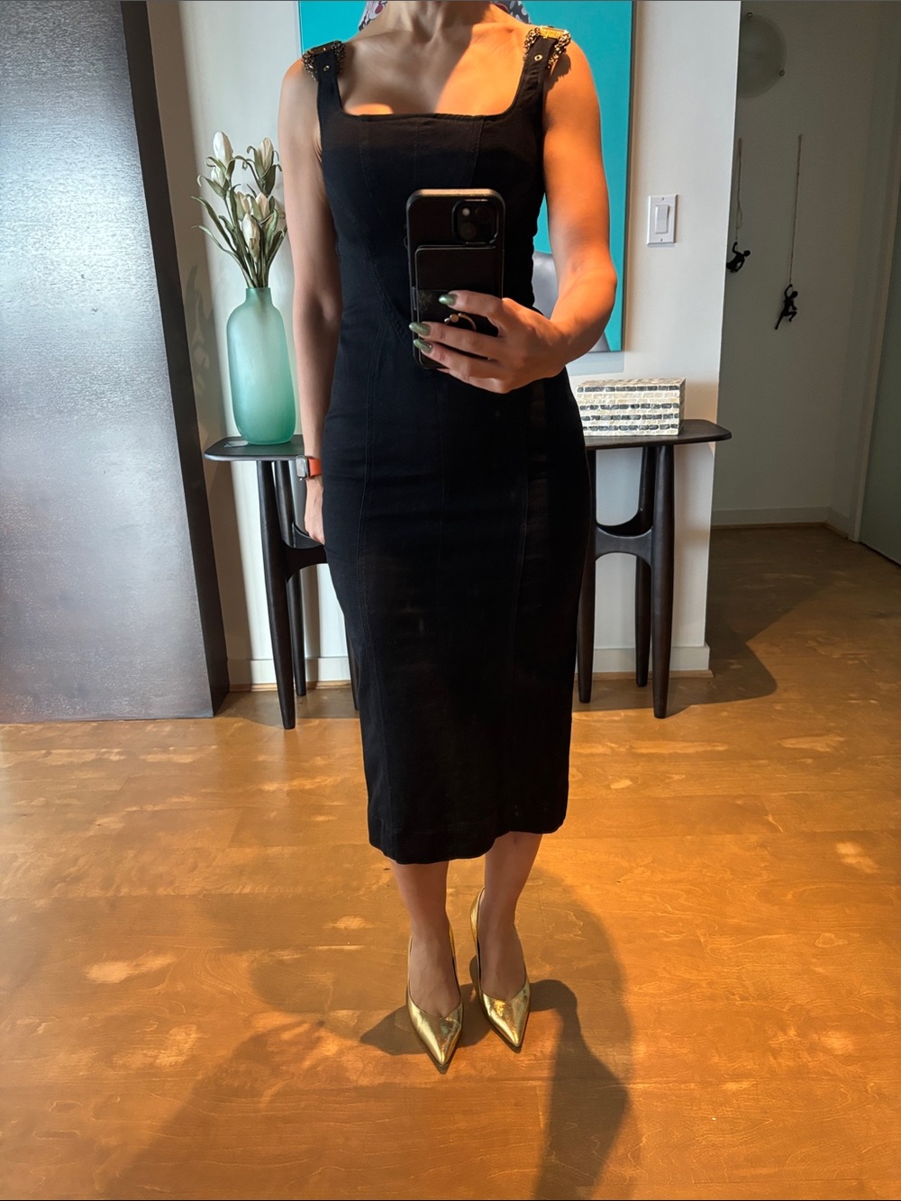 Versace Jeans Black Midi Dress with Gold-Accent Shoulder Detail